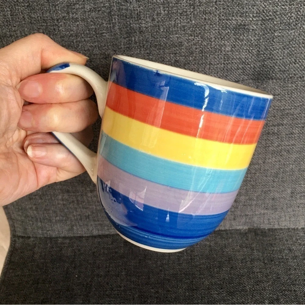 Set/2 Rainbow Striped Ceramic Coffee Mugs, 14 oz